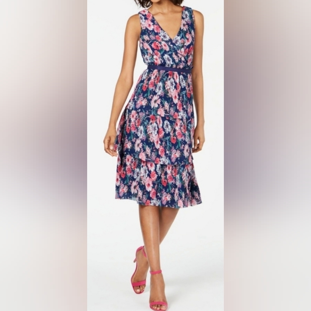 Adrianna Papell Navy Floral Tiered Midi Dress, Size 4